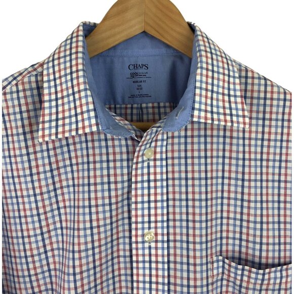 Chaps Coolmax Mens Reg Fit 16-1/2, 32-33 L Red White Blue Check Button Up Shirt - Picture 3 of 9